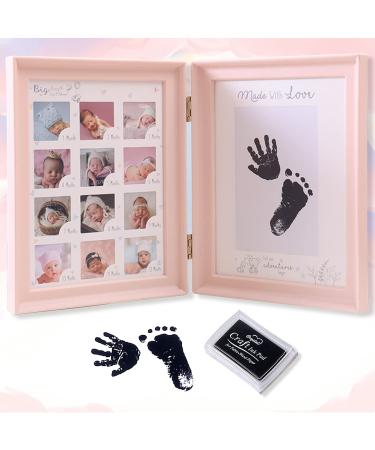 Mikytoper Baby Hand and Footprint Kit Baby Framed Photo Kit Anniversary Growth Record Baby Gifts Reusable Ink Cartridge Photo Frame (Foldable Pink)