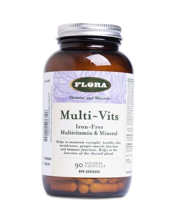 Flora Health Multi-Vits Iron-Free Multivitamin & Mineral - Help Metabolize Carbohydrates Protein & Fat - Vitamins (C D3 E B Vitamins) Minerals Including Zinc Gluten-Free - 90 Vegetarian Caps
