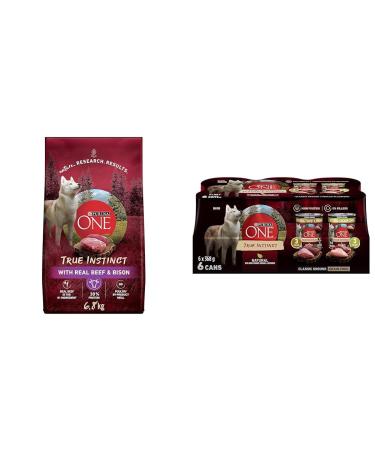 Purina ONE True Instinct High Protein Dry Dog Food Beef & Bison - 6.8 kg Bag & Classic Ground True Instinct Wet Dog Food Variety Pack 2 Flavours - 368 g Can (6 Pack)