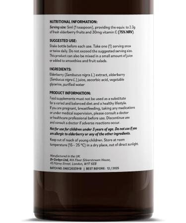 Dr Corbyn Elderberry Syrup with Vitamin C - 100ml | Sambucus Nigra for Immune Support | Alcohol-Free & No Added Sugar - Buy Online on SooperMarket.com
