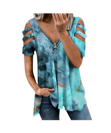 Tops for Women Casual, Womens Summer Tops Cut Out Off-Shoulder Tshirt Sexy V Neck Zip Short Sleeve Tunic Blouse Tees XX-Large A01-sky blue