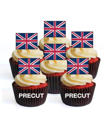 24 PRECUT Union Jack Flags British Flag Edible Cupcake Toppers - Premium Thickness SWEETENED VANILLA - wafer card disc cake decorations