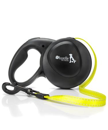 bluzelle 8m long dog leash for dogs up to 50kg flexible retractable leash neon yellow bright reflector belt with 360 metal snap hook ergonomic black rubberized handle & retraction brake black