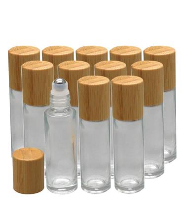 Jawseu 12 piece clear 10ml glass bottles empty with bamboo lid roll on glass bottles refillable bottle for essential oil perfume bottles with roller ball for cosmetics container travel aromatherapy