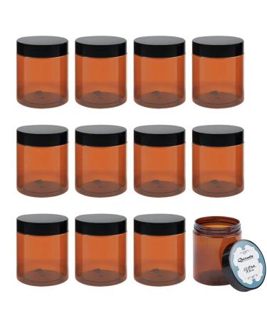 Qeirudu 8 oz Amber Plastic Jars with Lids and Labels 12 Pack Refillable Empty Round Cosmetic Containers for Body Butter Creams Lotion Essential oil Powders Ointments