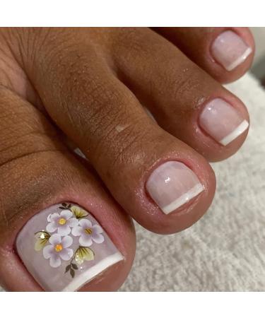Press on Toenails Acrylic Fake Toenails French Tip Flower Press on Nails Floral Toe Tips Fake Nails Short Toe Nails Press on Nude Square Stick on Nails False Toenails for Women for Nail Art 24pcs