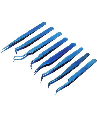 8-Piece Stainless Steel Eyelash Tweezers Set - Fine Tip Ergonomic Blue Titanium Eye Makeup Tools for Women - Portable & Durable - Buy Online on SooperMarket.com