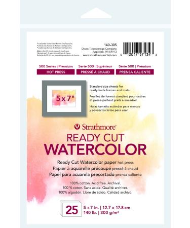 Strathmore 140-305 500 Series Ready Cut Watercolor Paper, 140 lb. Hot Press, 5"x7", 25 Sheets, Multicolor Ready Cut, Hot Press 5x7