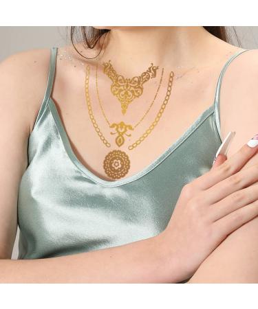 Xmasir 10 Sheets Gold Henna Tattoo Sticker - Temporary Metallic Glitter Tattoos for Women - Waterproof Indian Arabian Body Art Paint - Buy Online on SooperMarket.com