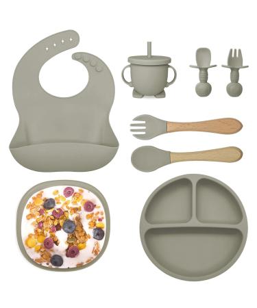 Baby Weaning Set 8pcs Toddler Feeding Set Adjustable Bib with Large Crumb Pouch Suction Bowl Cup Fork and Spoon Baby Feeding Sets Cutlery Set Easy Wipe Clean for Babies and Toddler (Grey)