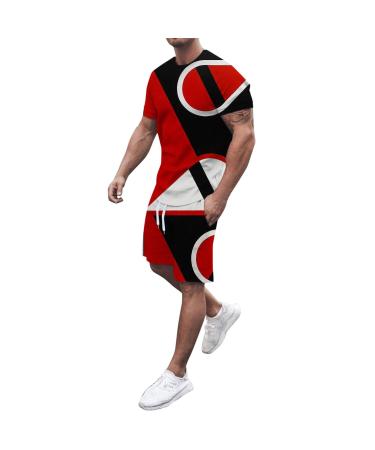 BEUU Mens 2PCS Sports Sets, Summer Outfits 3D Stripe Lines Print Workout T-Shirts Casual Shorts Set Athletic Tracksuits 137- Red 4X-Large