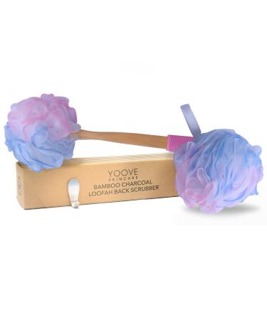 Loofah Back Scrubber - Bamboo Charcoal Fiber Bath Sponge Set for Men & Women - Includes Handle & Hook - Pink - Buy Online on SooperMarket.com