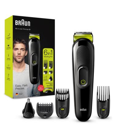 Braun 3 All-in-One 6-in-1 Electric Beard Trimmer for Men Beard Hair and Face Trimmer with Unworn Sharp Blades Ear and Nose Trimmer 5 Accessories Black/Green MGK3221 Nero/Verde Elettrico
