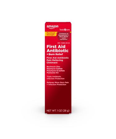 Amazon Basic Care First Aid Antibiotic + Burn Relief, Maximum Strength Triple antibiotic Ointment for First aid and Burn Relief, 1 Ounce 1 Ounce (Pack of 1)