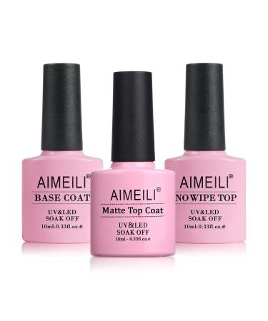AIMEILI Soak Off U V LED Gel Nail Polish - Base Coat  Matte Top and No Wipe Top Coat Kit Set 10ML