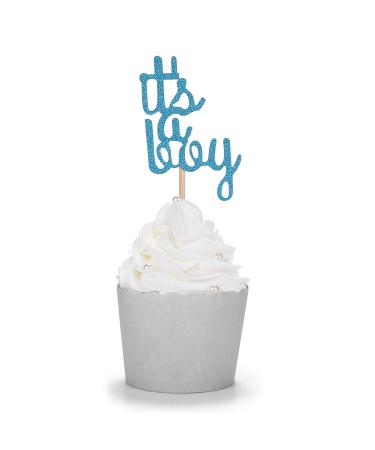 Blue Glitter It's a Boy Cupcake Toppers Baby Shower Gender Reveal Party Decors