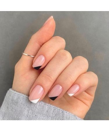JUSTOTRY 48 Pcs Geometric Square White & Black French Tip False Nails - Medium Length Press on Nails with Nail Glue - Squoval Shape for Women - Buy Online on SooperMarket.com