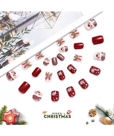 Vatocu Christmas False Nails - Short Red Press On Nails with Snowflakes, Elk, Snowman Design - 24pcs for Women and Girls - Buy Online on SooperMarket.com