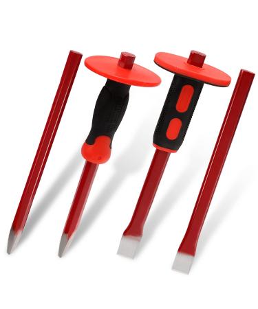 CYEAH 12 Inch Heavy Duty Masonry Chisel Set  4 PCS Chisels Set with Hand Protection  2 PCS Flat Chisel & 2 PCS Pointed Chisel for Concrete/Mason/Stone Demolishing Carving Splitting Breaking