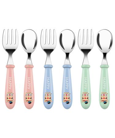Vicloon Baby Fork and Spoon 6 PCS Toddler Utensils Spoons Forks Tableware Set Toddler Utensils Stainless Steel Baby Forks and Spoons Baby Feeding Cutlery Utensils Weaning Spoons for Kids - Pig Pink/Blue/Green-pig