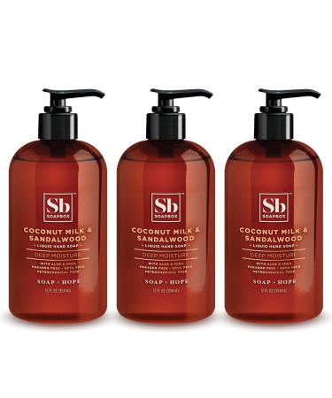 Soapbox Liquid Hand Soap, Coconut Milk & Sandalwood, Gentle & Moisturizing Hand Wash for Kitchen and Bathroom, Vegan & Cruelty Free Scented Hand Soap 12 Ounce Pump Bottles (Pack of 3) Coconut Milk & Sandalwood 12 Fl Oz (Pack of 3)