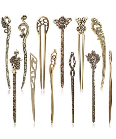 12 pieces Chinese women hair stick auhota antique bronze decorative hair sticks chicken sticks antique retro vintage hairpin for hair diy accessories (12 styles) 12PCs