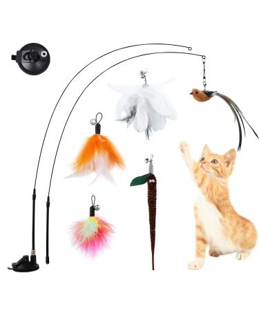 Jetczo Cat Feather Toys, Interactive Cat Toy with Super Suction Cup Detachable 5 PCS Feather Replacements with Bell, 2 Wand Cat Spring Feather Toys for Indoor Cats Kitten Play Chase Exercise Set D New