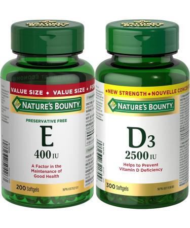 Nature's Bounty Vitamin E Pills And Supplement Helps Maintain Health 400Iu 200 Softgels & Vitamin D3 2500 IU 300 Softgels Helps to prevent Vitamin D deficiency Value Size Vitamin+ Vitamin D3