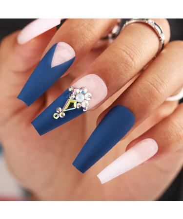 Matte Crystal Blue Extra Long Coffin Press on Nails - 24pcs 3D Bling Ballerina False Nails for Women and Girls - Buy Online on SooperMarket.com
