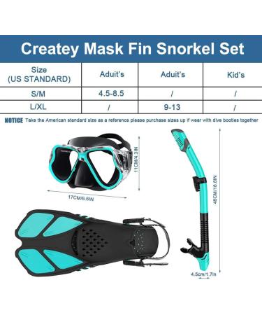 Createy Snorkel Set | Panoramic View Diving Mask, Trek Fin, Dry Top Snorkel - Green | S/M Adults 4.5-8.5 - Buy Online on SooperMarket.com