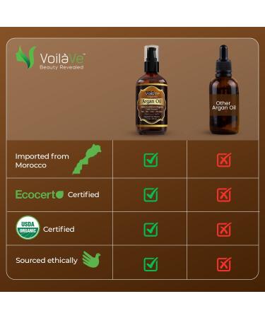 VoilaVe Organic Moroccan Argan Oil - Cold Pressed for Skin, Nails, Hair Growth - Anti-Aging Moisturizer with Vitamin E - 4 fl oz - Buy Online on SooperMarket.com