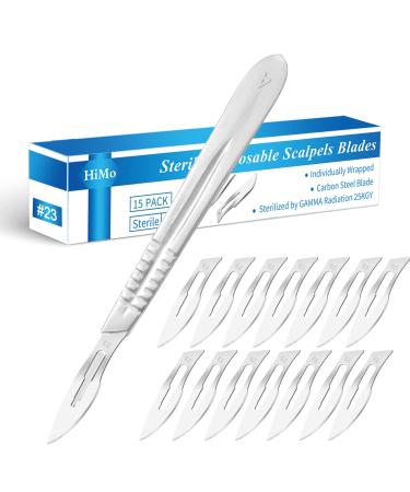 15 Pack Surgical Blades 23 with Stainless Steel Scalpel Handle High Carbon Steel Dermablade Blades Individually Wrapped Sterile for Dermaplaining Podiatry Crafts & More (23)