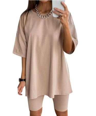 Glamaker Women 2 Piece Outfit sets Casual Oversized T-Shirt Tops Biker Shorts Workout Sports Tracksuit Large Khaki