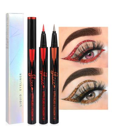evpct 2Pcs Glitter Sparkle Shimmer Red & Bronze Liquid Eyeliner Makeup Pen Set  Metallic Satin Finish Colorful Colored Sparkle Eye Liner Pen Waterproof Smudge Proof Long Lasting High Pigmented 2 Count (Pack of 1) Red & B...