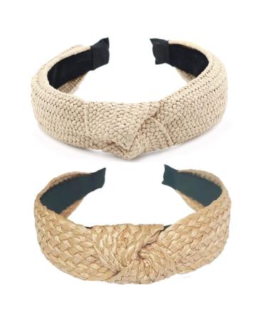 Lvyeer 2 Piece Raffia headband for Women Straw Knotted Headbands Top Knot Headband Summer Headband for Women Boho Headband Hair Bands for Woman Girl Hair Accessories (2 Piece-A)