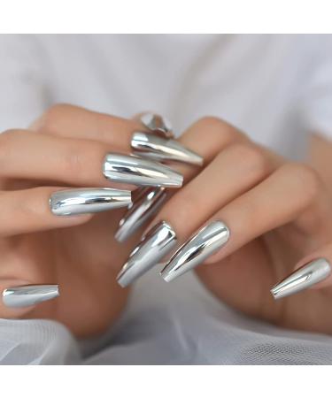 Silver Punk Metallic Press On False Nails - Long Coffin Ballerina Chrome Mirror Fake Nails - Full Cover Acrylic Nail Tips with Glue Tape - Women/Girls - L5883-1 - Buy Online on SooperMarket.com