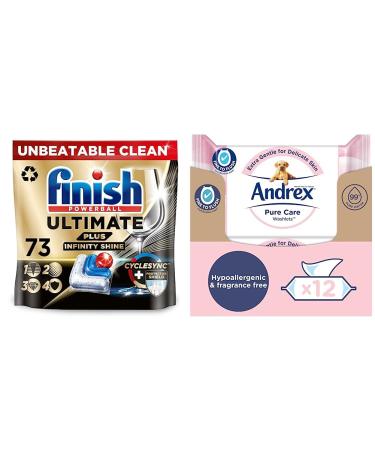Finish Ultimate Infinity Shine Plus 73 Dishwasher Tablets and Andrex Pure Care Washlets x 12 - Home Essentials Bundle Pack of 73+ Andrex Pure Care Washlets