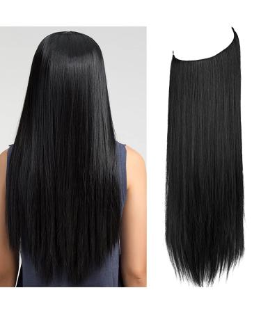 Halo Hair Extensions Dark Black Long Straight Synthetic Hairpieces 22 Inch 4.4 Oz Secret Wire Headband for Women Heat Friendly Fiber No Clip 22Inch&Straight Dark Black #2