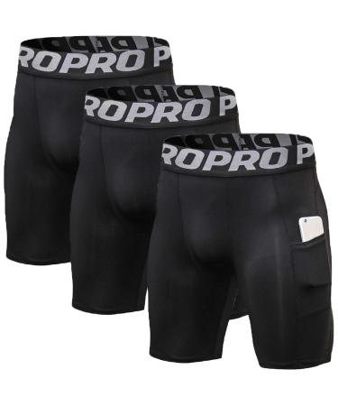 Mens Compression Running Shorts with Phone Pocket Athletic Gym Yoga Shorts Cool Dry Workout Underwear 3 Pack Large 3 Pack: Black+black+black