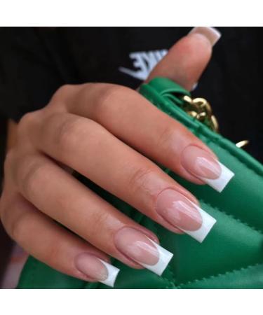 RUNRAYAY Medium Length French Tips Press on Nails with Designs Nude White Acrylic Nails Press On Stick on Nails for Women Glue on Nails Fake Nails for Nail Art Manicure Decoration