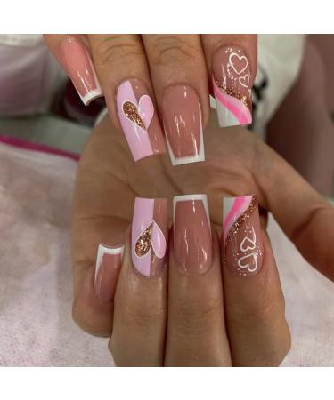 JUSTOTRY 24 Pcs Heart Fake Nails Long White French Press on Nails Patterns Trendy Swirl Ballerina Stick on Nails for Women Acrylic Coffin False Nails Medium with Glue for Nail Art heart & white