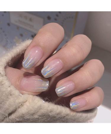 Belicey Glossy Press on Nails - White Square Medium Fake Nails for Women & Teens (Laser Silver) | Full Cover Ballerina Arts Nails - Buy Online on SooperMarket.com