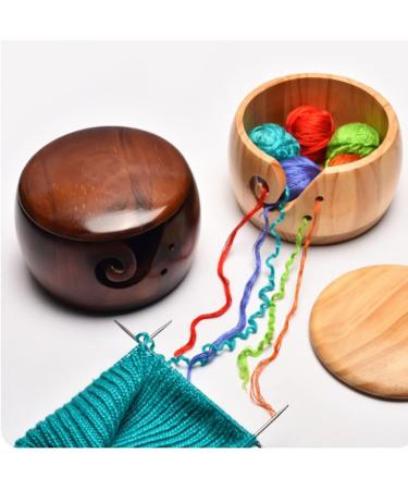 Handmade Dark Wood Yarn Bowl with Lid - Yarn Ball Holder for Knitting and Crochet - 12 Crochet Hooks Included - Buy Online on SooperMarket.com