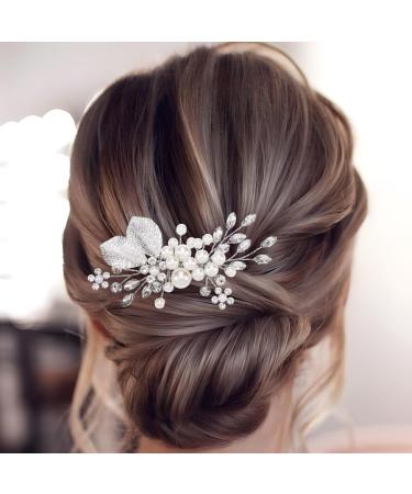 Handcess Bridal Pearls Hair Comb Splitter Rhinestone Flowers Hairpieces Crystal Bridal Side Combs Leaf Wedding Hair Accessories for Women and Girls - Buy Online on SooperMarket.com