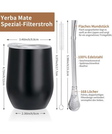 Telanks Modern 340 ML Yerba Mate Cup | 18/8 Stainless Steel | BPA-Free Lid Straw & Cleaning Brush | Black Tea Beverage Essential - Buy Online on SooperMarket.com