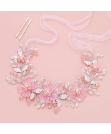 IYOU Flower Girl Headband Pink Floral Headpiece Pearl Leafs Commmunion Hair Vines Bridal Wedding Hair Accessories for Girls - Buy Online on SooperMarket.com