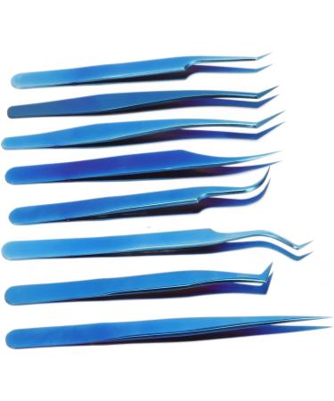 8-Piece Stainless Steel Eyelash Tweezers Set - Fine Tip Ergonomic Blue Titanium Eye Makeup Tools for Women - Portable & Durable - Buy Online on SooperMarket.com