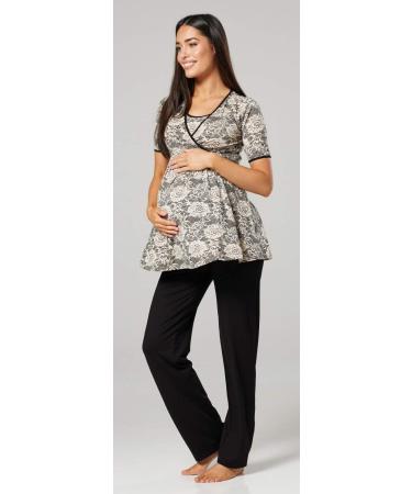HAPPY MAMA Women's Maternity Nursing 3pcs Nightwear Set - Beige Flowers & Black - Buy Online on SooperMarket.com