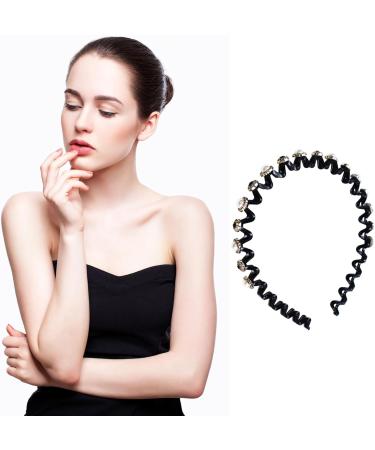 Faux Pearl and Rhinestone Headband Wavy Plastic Hairband Stretchy Beaded Hair Hoops for Women Girls Hair Styling Accessories - Buy Online on SooperMarket.com