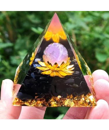 Orgone Pyramid Positive Energy Crystal Pyramid Flower of Life Quartz with Agate Protection Crystals Energy Generator for Stress Reduce Healing Meditation Attract Wealth Lucky (Lotus Purple Gold)